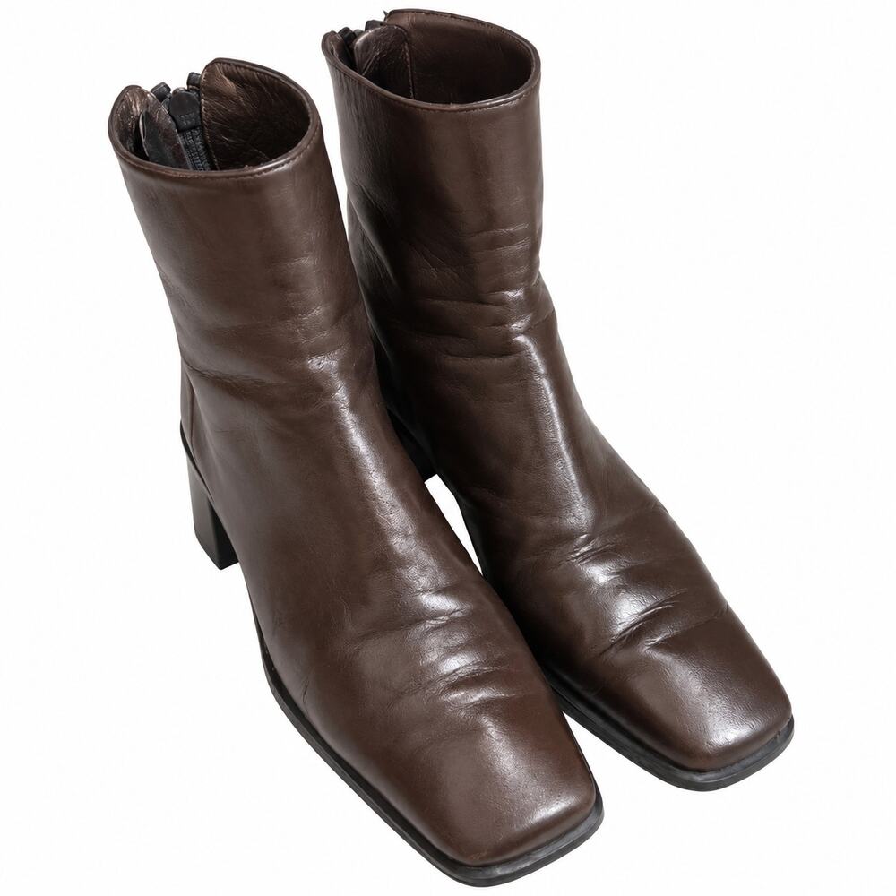 Stuart Weitzman Ankle Boots Women 7.5 Brown Leather Square Toe Zipper Classic